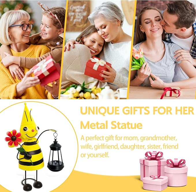 Garden Decor Bee Solar Statues,Unique Garden Statues Bee with Solar Lantern Waterproof, Birthday Gifts for Women Mom Grandma, Front Patio Balcony Yard Art Lawn Ornaments Porch Outdoor Decoration