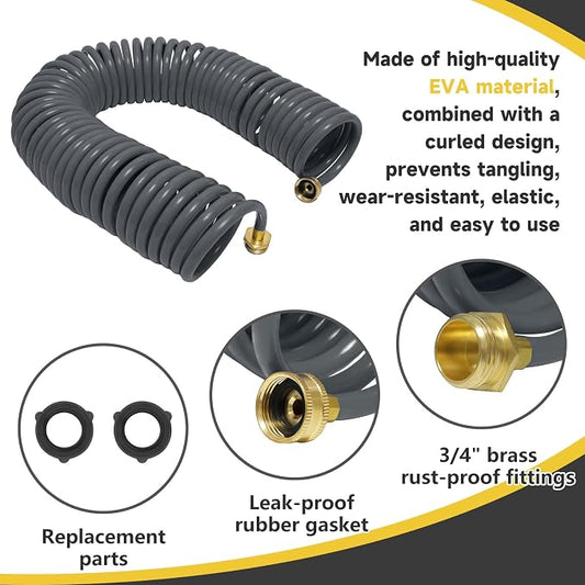 Coil Hose,3/8" EVA Coil Garden Hose 50 FT,Curly Water Hose Lightweight with Brass Connectors,Recoil Garden Hose Includes 8-Pattern Spray Nozzle for Boat, Yard, Patio, Green
