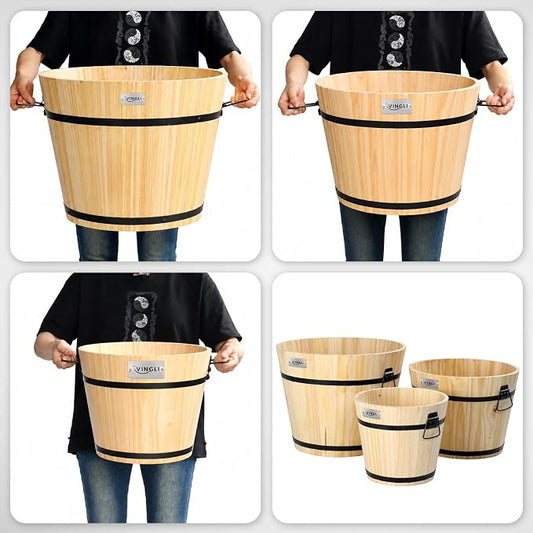 VINGLI 3 PCS Large Wooden Planter Barrel Set, 11.5"(Dia)- 18"(Dia), Real Wood Flower Pot with Drainage Holes, Different Sizes, Large Garden Container Box, Indoor & Outdoor (Honey)