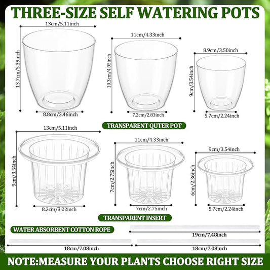 24 Pcs Self Watering Pots, 3.5/4.3/5.1'' Plastic Flower Plant Pot with Inner Pot Self Watering Wick Planter Clear Flower Pots for Indoor House Plants Herb Flowers Succulents (Transparent)