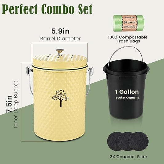 AOSION Countertop Kitchen Odorless Compost Bin with Removable Inner Bucket | 1 Gallon Composter Container,Includes 50 Compost Bags,2 Carbon Filters,Compost Bucket, ideal for food scraps,coffee grounds