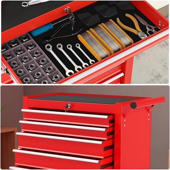 Tool Chest, 7-Drawers Rolling Tool Box with Rotate Handle & Wheels, Lockable Multifunctional Tool Cart, Suitable for Garages, Warehouses, Repair Shops, Capacity 450lbs, Black