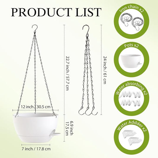 12 Inch Hanging Baskets 2 PC with Chains, Self-Watering Hanging Planters for Indoor Outdoor Plants, Plastic Hanging Flower Pots,White