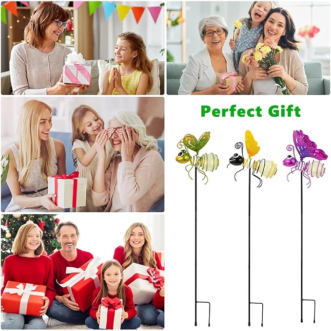 Garden Decor for Outside,3 Pcs Luminous Insect Garden Decorative Stakes,Glow in The Dark Bee Lights Metal Yard Art,Waterproof Outdoor Spring Lawn Patio Pathway Decoration for Mom,Women,Grandma