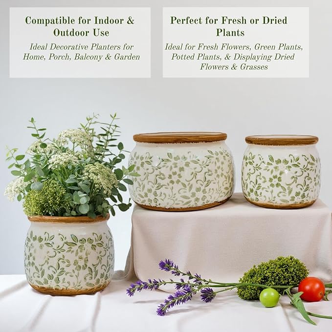 Vintage Ceramic Flower Pot - Indoor Outdoor Planters with Drainage Holes & Filter Screen, 6.5’’ Small Rustic Farmhouse Decorative Plant Pots for Garden/Patio/Balcony (Green Vines, Small)