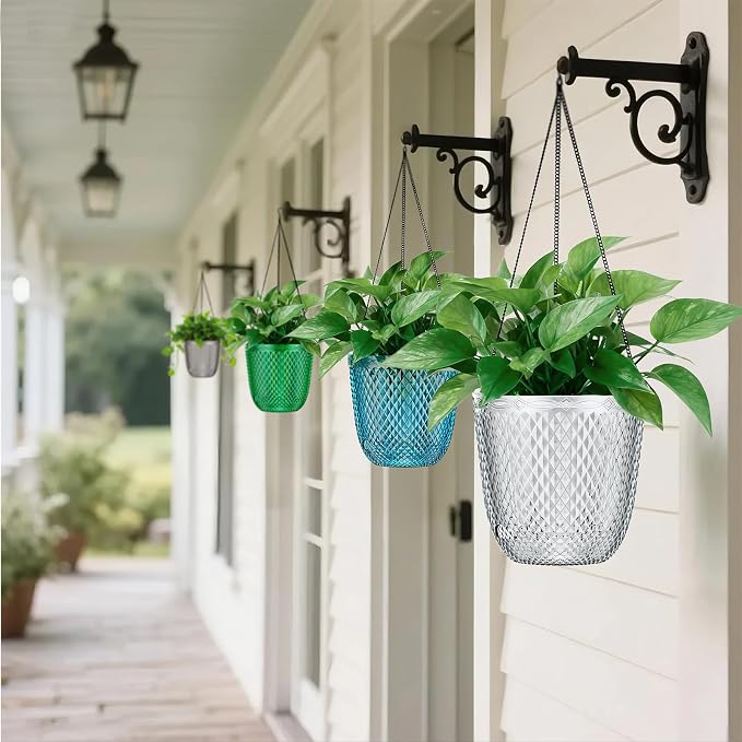 QCQHDU Hanging Planters for Indoor Plants, 2-Pack, 5.7 Inch, Clear | Plastic, Self Watering Plant Hanger, with Drainage Holes, 3 Hooks Chains, For Garden Home