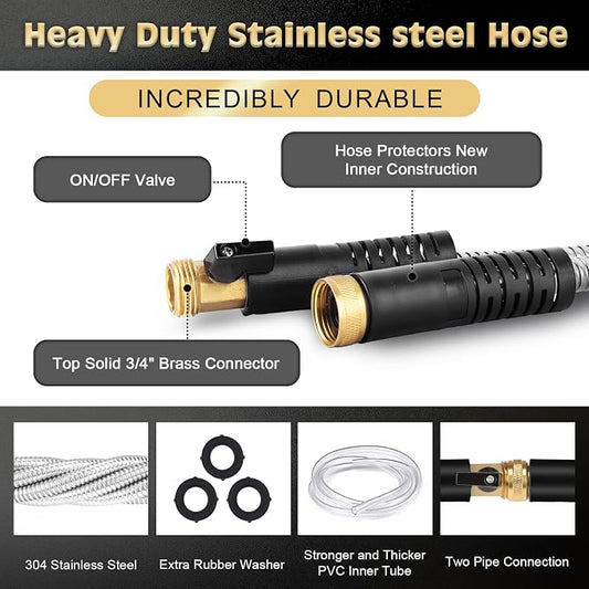 Metal Garden Hose 75FT Stainless Steel Heavy Duty Flexible Lightweight Water Hoses Pipe with 10-Function Spray Nozzle and 3/4" Solid Brass Fittings No Kink Durable for Outdoor Yard & Lawn