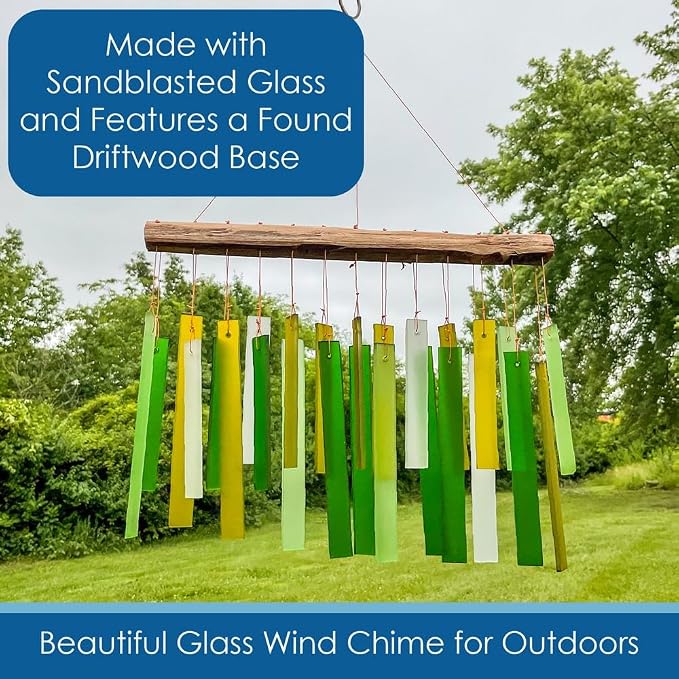 Spring Colors Glass Driftwood Wind Chime, Green Garden Decor, 11 Inch | Spring Green Glass; Driftwood Accent; Garden Patio Decor; Handcrafted Wind Chime