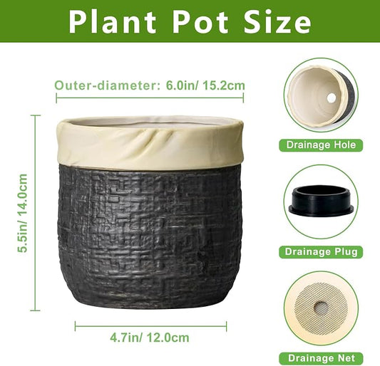 Ceramic Flower Pots - 6 Inch Pots for Plants Indoor Plants, Round Planter with Drainage Hole and Plug, Boho Decorative Plant Pot, House Room Garden Decor, Garden Gift for Women, Black