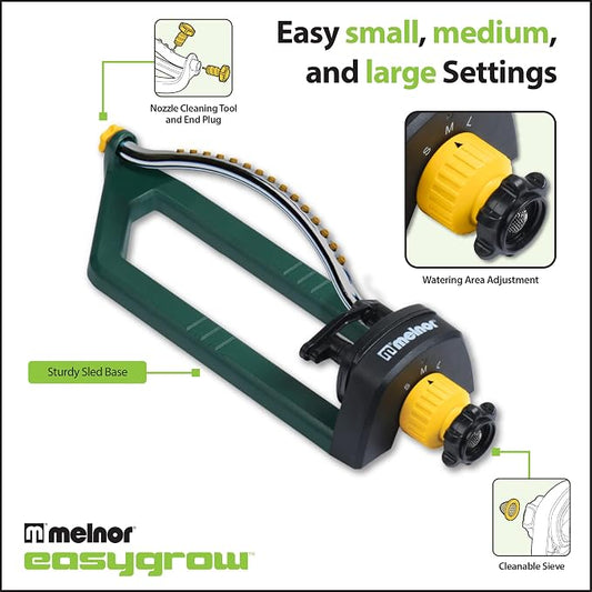 Melnor 65151AMZ Oscillating Sprinkler, Covers Up to 3,000 Sq. Ft., Small Medium Large Coverage Adjustment, 15 Precision Nozzles, Quick Connect Bundle, Green, Yellow