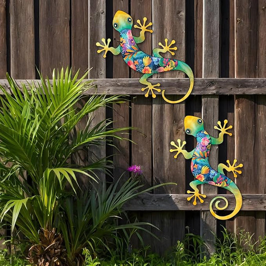 Metal Gecko Outdoor Decor -2 Pack 11.8 inch Metal Lizard Wall Hanging Sculpture Decoration for Indoor or Outdoor, Garden Yard Fence Porch Wall Decor