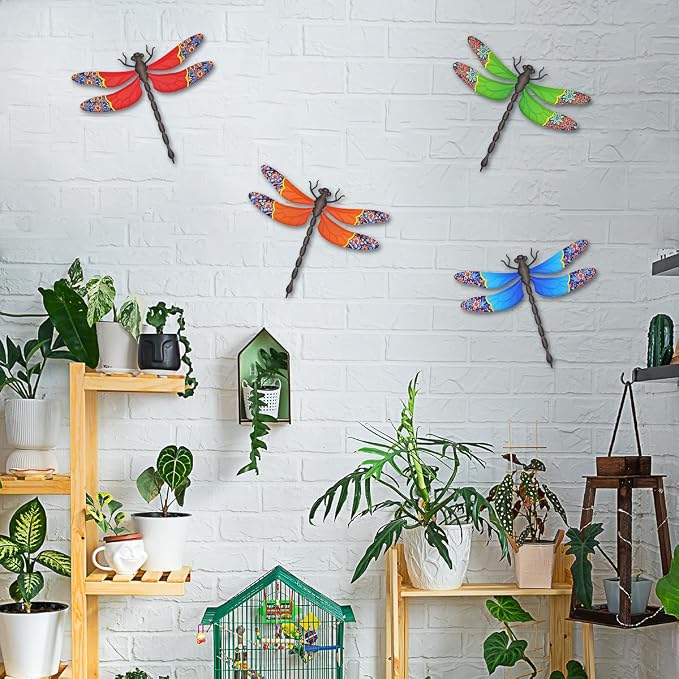Metal Dragonfly Wall Decor, 4 Pack 13 inch Metal Dragonflies Wall Art Hanging Sculpture Decorations for Outdoor, Yard Patio Fence Garden Outside Decor