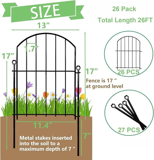 Decorative Garden Fence 17in(H)x13in(W), 26 Pack Rustproof Metal No Dig Fence Animal Barrier for Dog, Arched Flower Bed Edging Ornamental Wire Border Panel Fencing for Yard Patio Outdoor Decor