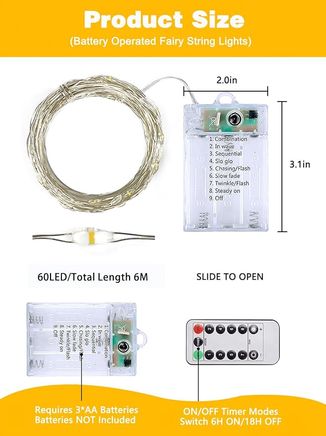 4 Pack 60 LED Fairy Lights Battery Operated with Remote, 8 Modes String Lights Indoor Outdoor, Cuttable Battery Light for Home Bedroom Wedding DIY Centerpiece Christmas Decorations (Warm White)