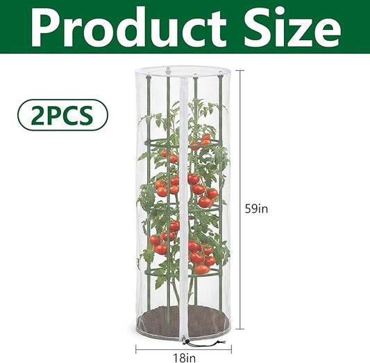 2 Pcs Garden Bird Netting Cover for Round Tomato Cage, 59" x 18" Tomato Trellis Insect Barrier Protection Mesh, Plant Cage Garden Net Cover with Zipper for Vertical Climbing Plants Vegetables Fruits