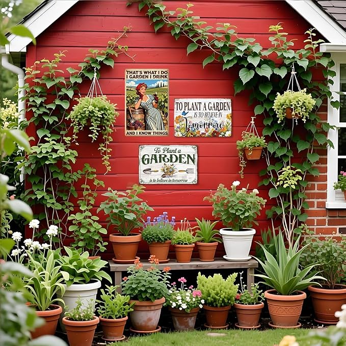 Vintage Funny Garden and Wine Lady Metal Tin Sign That's What I Do I Garden I Drink and I Know Things Wall Art for Outdoor Gardening Greenhouse Yard Wall Decor