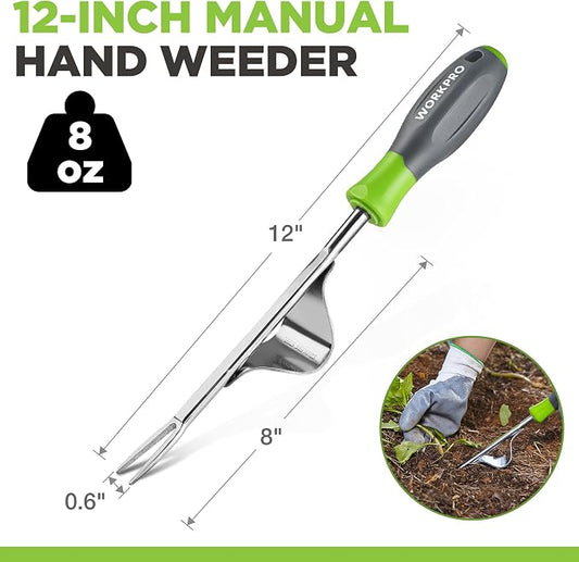 WORKPRO Weed Puller Tool, Metal Leverage Base and V-Shaped Forks | Heavy Duty Stainless Steel with Soft Handle for Easy Weed Removal and Deeper Root Digging, Manual Hand Weeder for Gardening