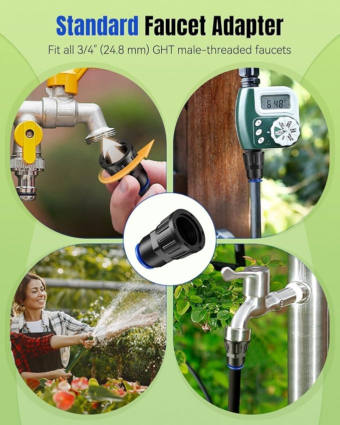 Pawfly 8 Pcs 3/4" to 1/2" Drip Irrigation Faucet Adapters, Quick Connect 3/4" FHT Faucet to 1/2" Tubing Connectors, Push-to-Fit Garden Hose Adapters, Anti-Leak Drip Irrigation Hose Connectors