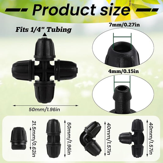 70 Pcs 1/4 Inch Drip Irrigation Fittings Kit,Drip Irrigation Hose Connector for 1/4 Inch Drip Tubing with 25 End Plugs, 15 Tees,10 Straight Couplings,10 Elbows,10 Cross 4-Way Connector
