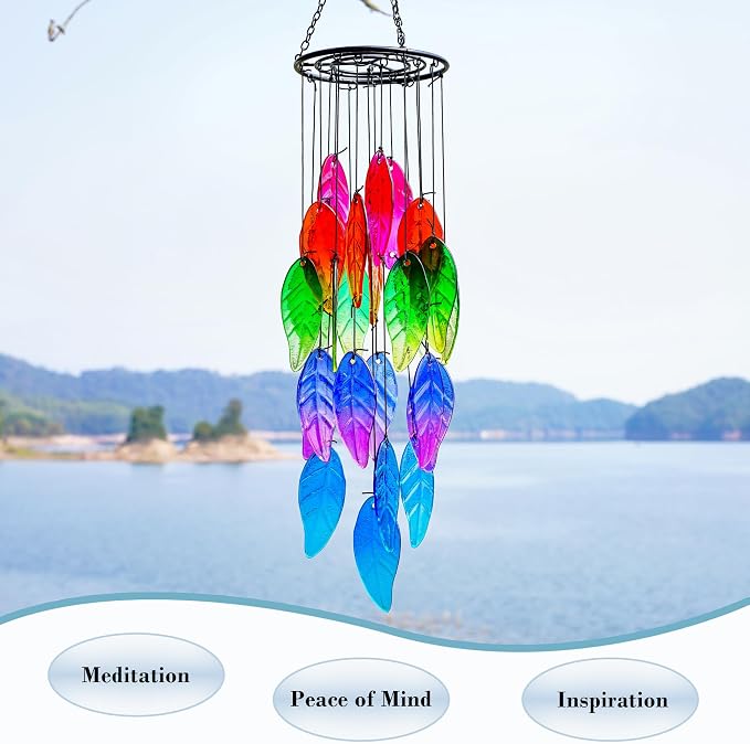 YU FENG 18 Inch Stained Glass Leaves Wind Chimes for Outside Garden | Handmade Glass Wind Chime, Forest Leaf Design, Rainbow Light Catcher, Patio Window Yard Hanging Decor