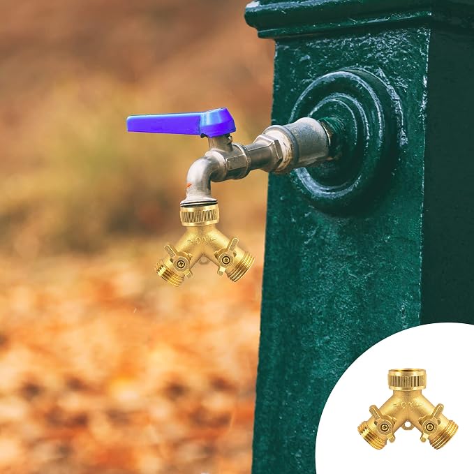Hourleey Brass Garden Hose Splitter (2 Way), Solid Brass Hose Y Splitter 2 Valves with 2 Extra Rubber Washers (2 PACK)