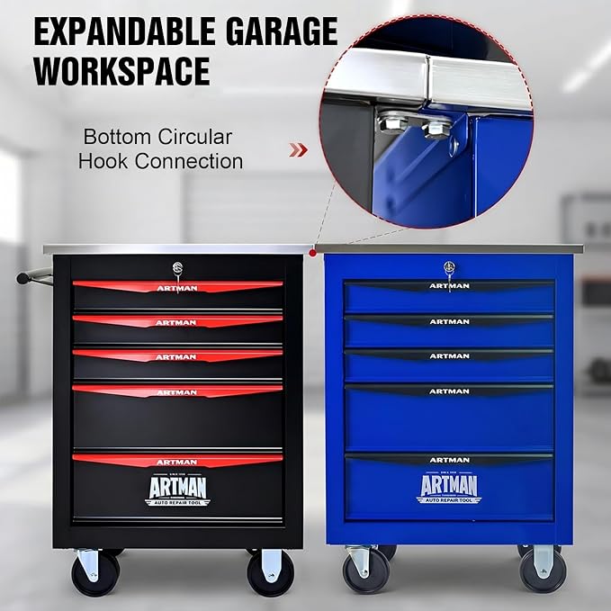 5-Drawer Rolling Tool Chest, Lockable Stainless Worktop for Garage,Black | Heavy Duty Metal Tool Cabinet with Drawers on Wheels for Warehouse and Workshop Storage