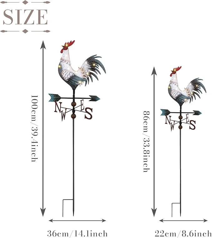 TERESA'S COLLECTIONS Garden Decor with Solar Outdoor Lights, White Rooster Yard Art Sign for Outside, 34'' Metal Weathervane Decorative Garden Stake for Outdoor Decor, Lawn, Gifts for Mom