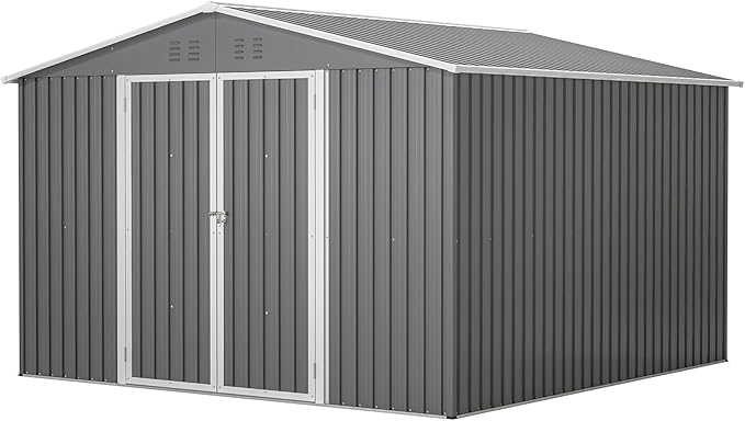 PVWIIK 10x10 FT Large Outdoor Metal Storage Shed, Heavy Duty Waterproof Steel Garden Tool Shed with Lockable Doors, Utility Storage Building for Backyard Patio Lawn Garden, Grey