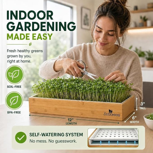 Organic Self-Watering Microgreens Growing Kit – Reusable Indoor Grow Tray with Organic Seeds, Grow Mats & Bamboo Frame – Easy No-Soil Microgreens Starter Kit (Broccoli & Salad Mix)