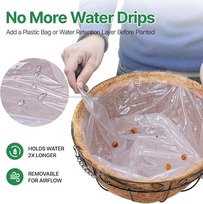 Amagabeli 4 Pack 14 Inch Metal Hanging Baskets Planter Outdoor Round Wire Hanging Basket for Plants with Coco Fiber Liners Chain Plant Holder for Garden Patio Deck Porch Plants Vegetables Flower Pots