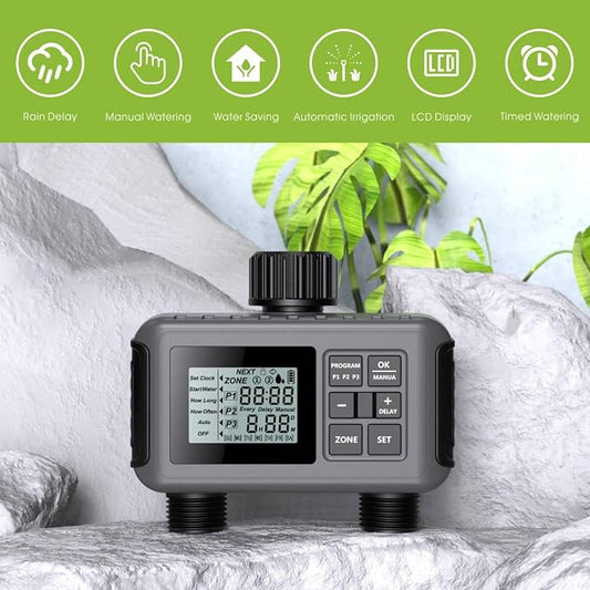 Uzoli 2-Zone Sprinkler Timer for Garden Hose, Programmable Water Timer with Automatic & Manual Mode, Rain Delay, IP55 Waterproof for Yard, Lawn, Pool