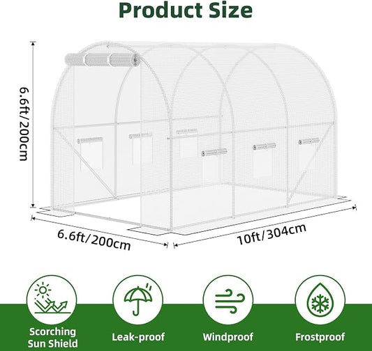 Superlele Heavy Duty Walk-in Greenhouse for Outdoor, 10x6.6x6.6FT Large Garden Green House with Reinforced PE Mesh Cover, 6 Roll-up Windows with Screen, 8 Ground Stakes and Ropes, White