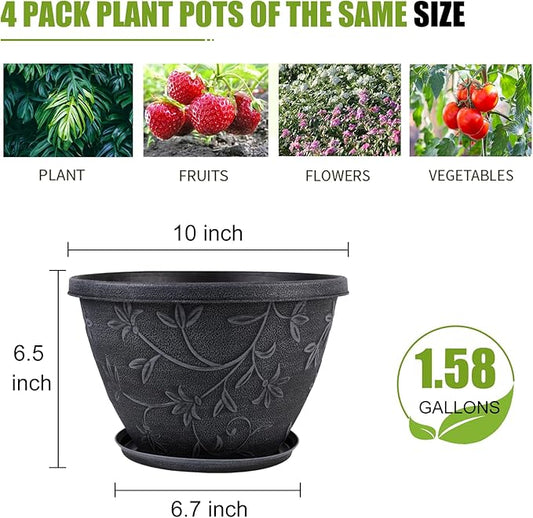 Nooulap 4 Pack 10 Inch Flower Pots for Outdoor Indoor, Plastic Plant Pots with Drainage Hole & Saucer, Lightweight Small Resin Flower Pot, Outdoor Planters Imitation Magnolia for Garden House(Gray)