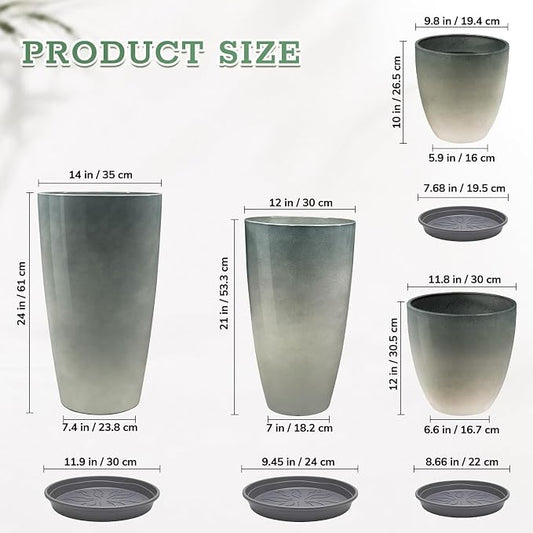 ZMTECH 24/21/12/10 Inch Charcoal Gray Green Gloss Planter Set, 4 Pack Large Outdoor Planters with Drainage Holes & Saucers, Glossy Smooth Lightweight Plastic Plant Pots for Indoor Patio Garden Décor