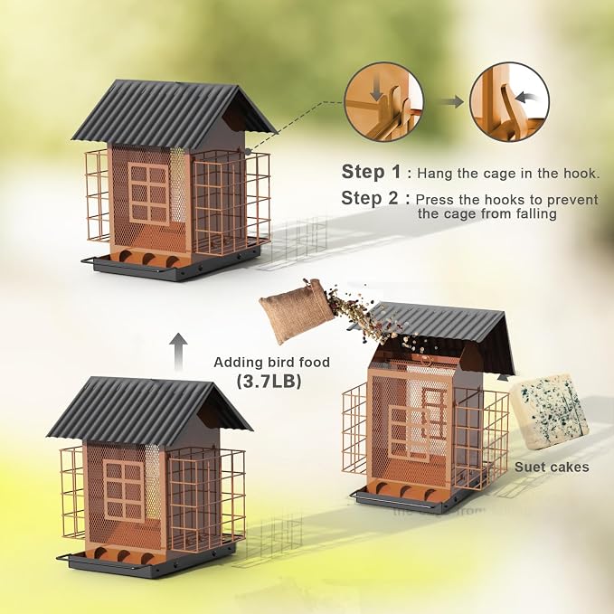FlowaFoli Bird Feeders for Outdoors Hanging, Metal Bird Feeder with Double Suet Cage Cake, Large Capacity, Birdfeeders Sturdy & Weatherproof, Easy to Clean & Refill, Great for Attracting Wild Birds