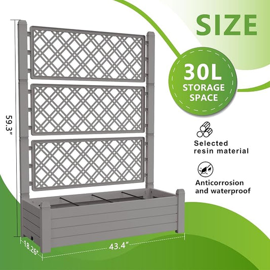 PatioZen Raised Garden Bed with Trellis for Climbing Plants, 43.43" L x 18.27" W x 59.29" H Self Watering Planter Box with Drainage Holes for Outdoor Backyard Patio Balcony, Anti-Rust Resin (Grey)