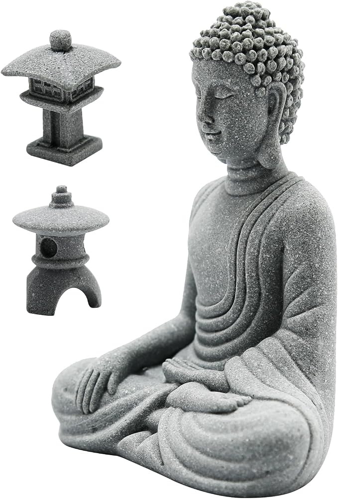 Hoypeyfiy Mini Buddha Statue Set with Stone Lantern, Zen Garden Accessories Sitting Buddha Figurine for Home Decor, Patio Yard Garden, Terrarium, Micro Landscape Decoration