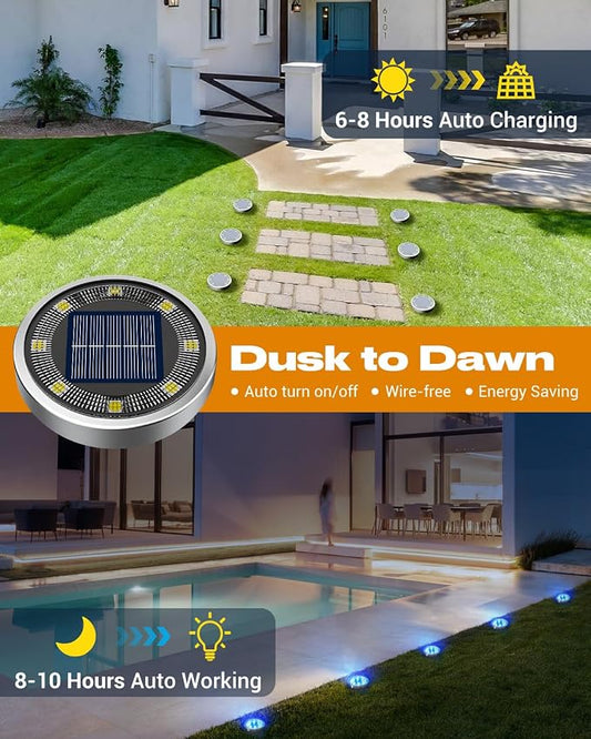 btfarm 16 Pack Solar Lights Outdoor, 8 LED Solar Ground Lights IP65 Waterproof Flat Solar Disc Light, Pathway Lights for Garden Lawn Patio Yard Path Landscape, Blue