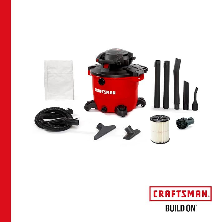 CRAFTSMAN CMXEVBE17607 16 Gal. 6.5 Peak HP Wet Dry Vac with Detach Blower | Portable Shop Vacuum Wet and Dry with Filter, Dust Bag, Hose and Attachments for Garage, Outdoor Cleaning