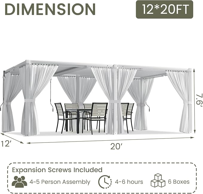 Louvered Pergola 12'x20' Outdoor Pergola with Roof, Heavy Duty Aluminum Frame & Waterproof Curtains, Hardtop Gazebo with Adjustable Louvers for Patio, Deck and Backyard, White