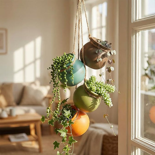 MyGift Dangling Southwest Desert Color Ceramic 4 Pot Set, Wall or Ceiling Mount Hanging Mini Flower Planters