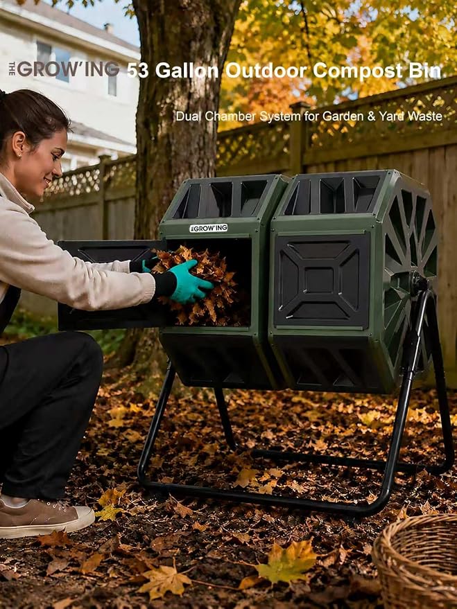 THE Growing 53 Gallon Large Outdoor Compost Bin Tumbler Barrel, Green | Dual 26.5gal lawn-matching chambers for bulk waste. Reinforced frame adds stability. Easy outdoor bolt structure assembly.