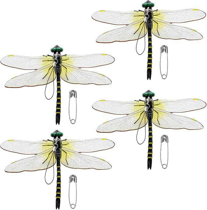 4 Pack Dragonfly Clips, Lifelike Fake Dragonfly Ornaments Outdoor Yard Garden Stakes for Hat,Deer and Horse, Fly Scare Devices for Indoor Outdoor Garden Patio Plants (4 Pack)