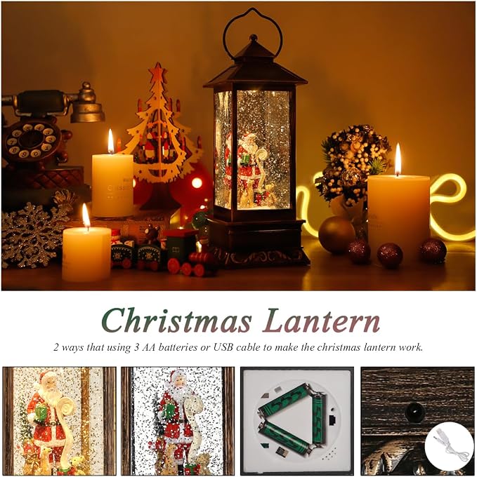 Rotating Santa Musical Snow Globe Lantern, Xmas Decor, 8 Xmas Songs &Timer | sparkling water under lights, 8 festive songs & auto timer. Perfect indoor Christmas decor for home/party celebrations