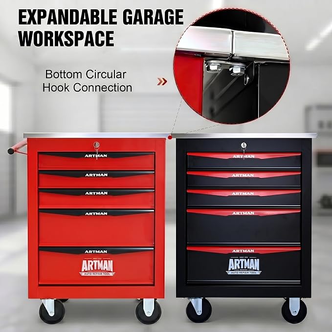 5-Drawer Rolling Tool Chest, Lockable Stainless Worktop for Garage, Red | Heavy Duty Metal Tool Cabinet with Drawers on Wheels for Warehouse and Workshop Storage