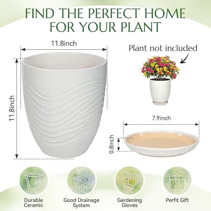 11.8 Inch Flower Pots for Indoor Plants,Ceramic Planter with Saucer Drainage Leak-Proof Mesh Gardening Gloves (Water-Ripple White)