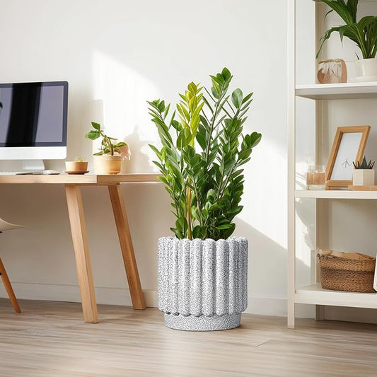Ceramicfor Ceramic Planter, 12 Inch, Black and White | Indoor Plants, Drainage Hole, Fluted Round Design, Indoor & Outdoor Use