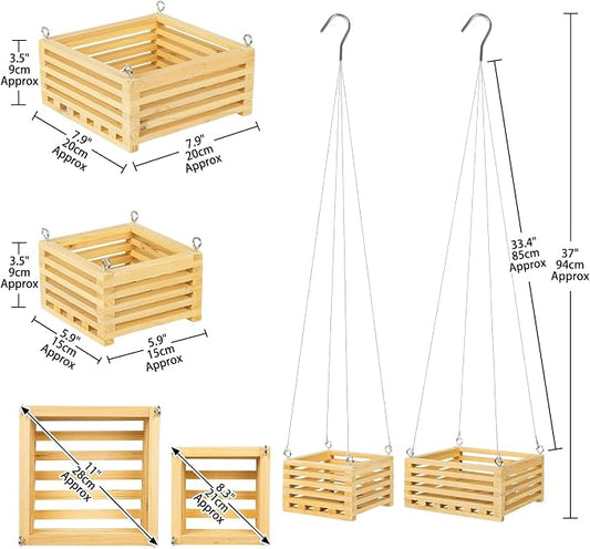 Wooden Orchid Baskets with Hangers for Epiphytes & Vandas, 6" & 8" Square Hanging Planter Set for Patio, Balcony Decor, Garden Flower Pots for Indoor Outdoor Plants, 2 Pack