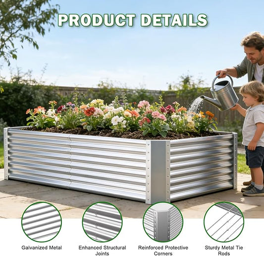 8x4x2ft Raised Garden Bed, Deep Root Planter Box, Silver,1 Pack | 1mm Thick Galvanized Steel, Resists Rust Bowing, Easy Assembly, Ideal Deep-Root Growing Condition for Broccoli,Beans,Tomatoes