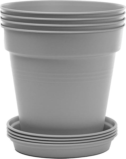 Mintra Garden Pots, 4 Pack Bulk Plastic Plant Pots with Drainage Tray, Round Indoor & Outdoor Decorative Planters with Drain Holes for Flowers, Herbs & Plants, 19cm Diameter – Grey, 7.5 in